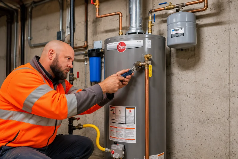 Plumber repairing a residential water heater